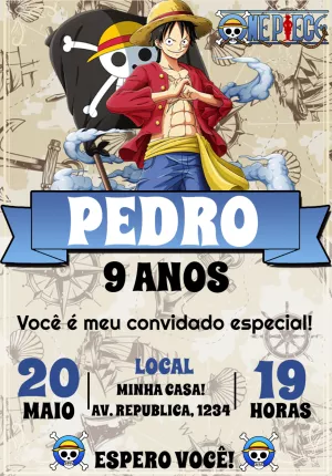 Convite de Aniversário One Piece com Luffy para Editar Online