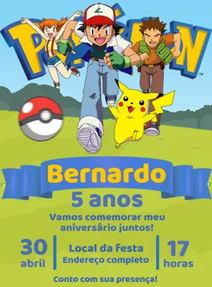 Convite de Aniversário Pokémon com Ash e Pikachu para Editar