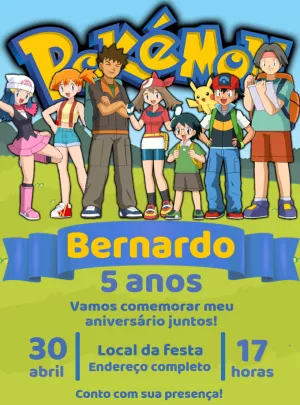 Convite de Aniversário Pokémon com Personagens para Editar