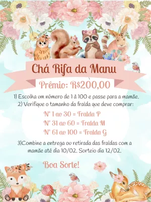 Convite Chá Rifa Bosque Encantado com Animais para Editar Online