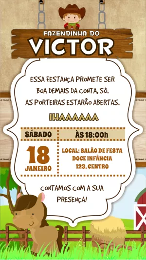 Convite Aniversário Fazendinha com Cavalo para Editar Online