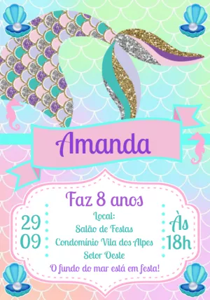Convite Aniversário Sereia Fundo do Mar para Editar Online