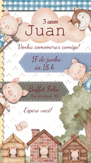 Convite Aniversário Os 3 Porquinhos para Editar Online