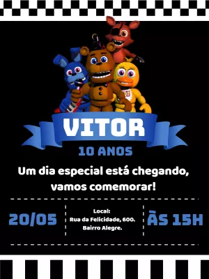 Convite de Aniversário Five Nights at Freddy's com a Turma para Editar