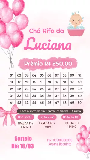 Convite Chá Rifa de Menina com Balões Rosa para Editar Online