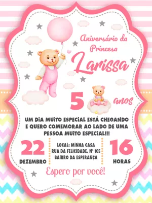 Convite Aniversário Ursinha Baloeira para Editar Online