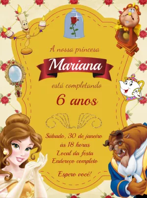 Convite de Aniversário A Bela e a Fera com Personagens para Editar