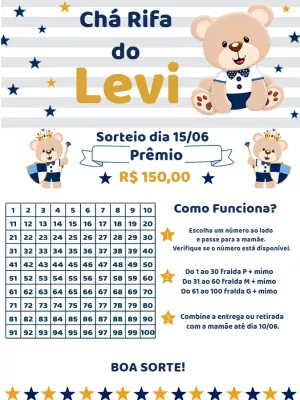 Chá Rifa Ursinho Príncipe Editável para Chá de Bebê Online