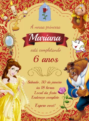 Convite de Aniversário A Bela e a Fera para Editar Online