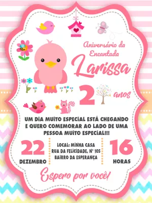 Convite Aniversário Jardim Encantado com Passarinhos para Editar