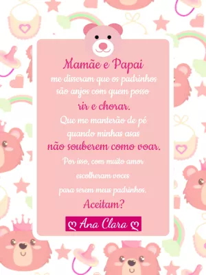 Convite para Padrinhos Ursinha Rosa para Editar Online