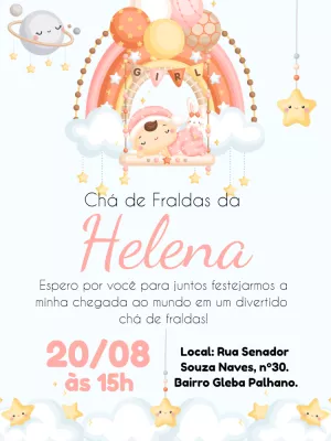 Convite Chá de Fraldas Menina Arco Íris para Editar Online