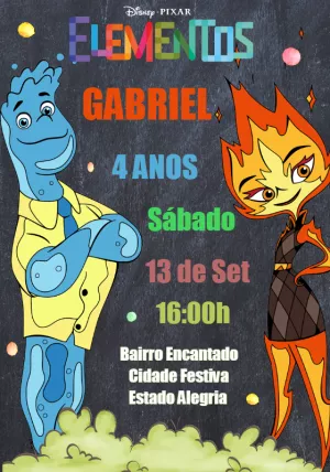 Convite Aniversário Elementos com Personagens para Editar Online