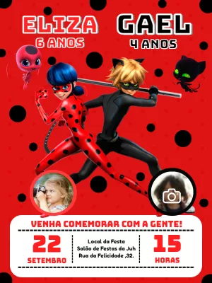 Convite Aniversário Duplo Miraculous e Cat Noir com Foto para Editar