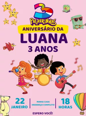 Convite Aniversário 3 Palavrinhas Editável com Personagens