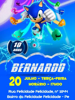 Convite de Aniversário do Sonic para Editar e Imprimir