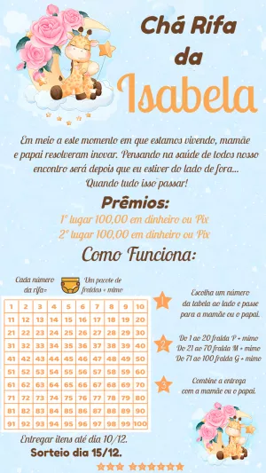Convite Chá Rifa Girafinha Fofa para Editar Online