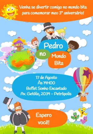 Convite de Aniversário Mundo Bita com a Turma no Balão para Editar