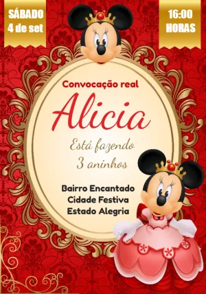 Convite Aniversário Minnie Realeza Vermelha para Editar Online