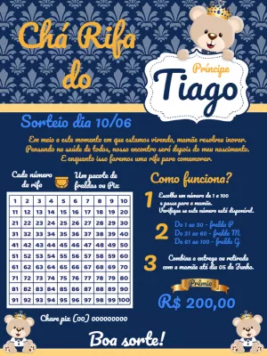 Convite Chá Rifa Ursinho Príncipe Azul e Dourado para Editar
