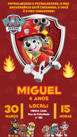 Convite Aniversário Patrulha Canina Marshall para Editar Online