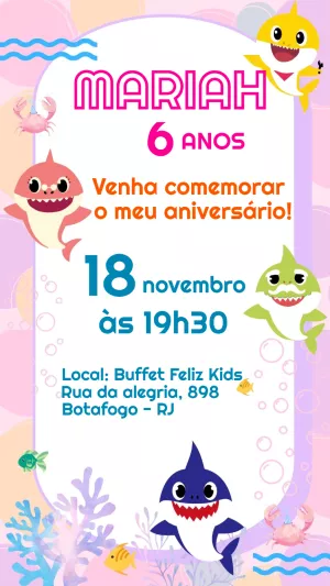 Convite de Aniversário Baby Shark com Personagens para Editar