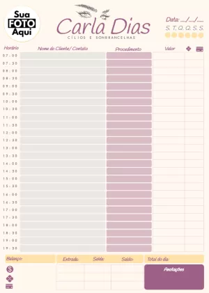 Agenda Diária para Cílios e Sobrancelhas Editável Online