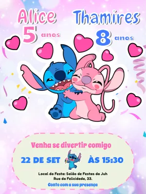Convite Aniversário Stitch e Angel para Editar Online