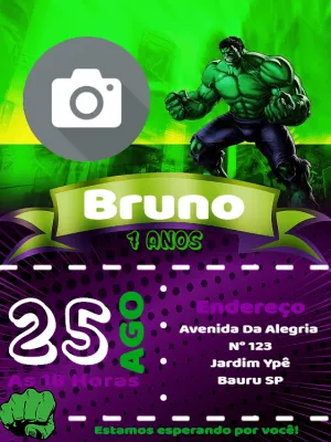 Convite de Aniversário Hulk com Foto para Editar Online