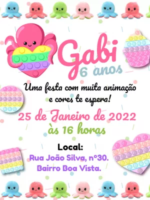 Convite de Aniversário Pop It e Polvo para Editar Online
