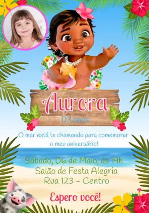 Convite Aniversário Moana Baby com Foto para Editar Online