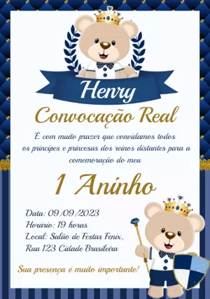 Convite de Aniversário Ursinho Príncipe para Editar Online