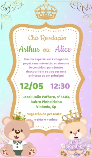 Convite Chá Revelação Ursinhos Realeza para Editar Online