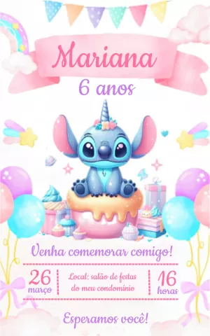 Convite Aniversário Stitch Unicórnio Rosa para Editar Online