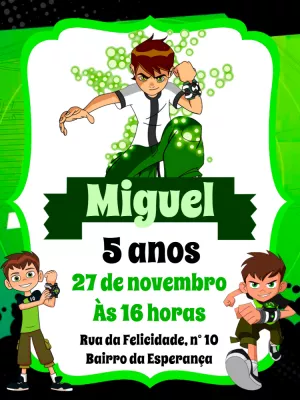 Convite de Aniversário Ben 10 Editável para Imprimir
