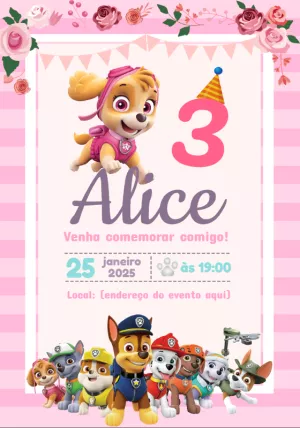 Convite Aniversário Patrulha Canina Skye para Editar Online