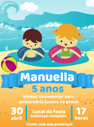 Convite de Aniversário Praia Infantil para Editar Online