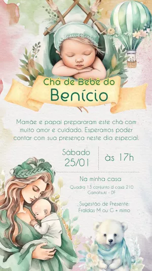 Convite Chá de Bebê Menino Aquarela Sonhador para Editar