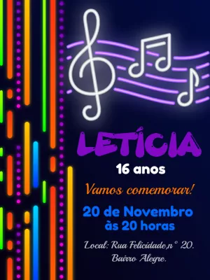 Convite de Aniversário Neon Musical para Editar Online