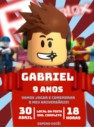 Convite Aniversário Roblox com Avatar do Jogo para Editar