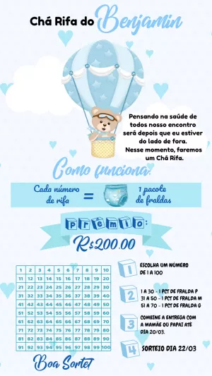 Convite Chá Rifa Ursinho Baloeiro para Editar Online