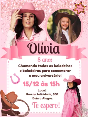 Convite de Aniversário Boiadeira com Foto para Editar Online