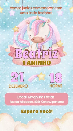 Convite de Aniversário Unicórnio Fofo para Editar Online