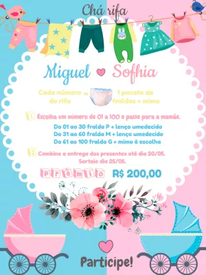 Convite Chá Rifa Gêmeos Varal de Roupas para Editar Online
