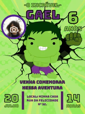 Convite de Aniversário Hulk com Foto para Editar Online