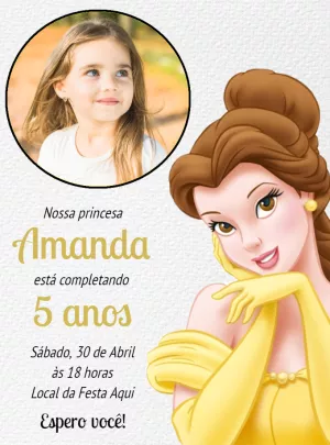 Convite Aniversário Princesa Bela com Foto para Editar Online