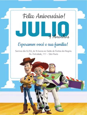 Convite Aniversário Toy Story com Personagens para Editar Online