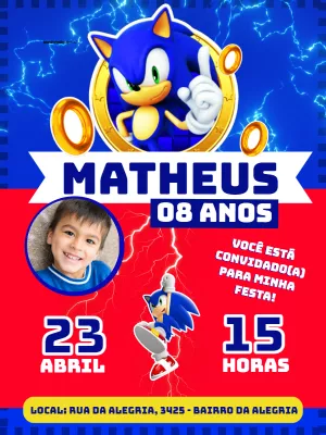Convite de Aniversário Sonic com Foto para Editar Online