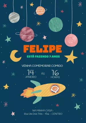 Convite Aniversário Galáxia com Foguete para Editar Online