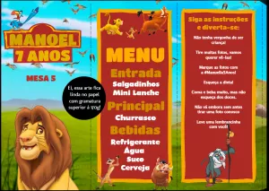 Menu de Mesa Aniversário Rei Leão para Editar Online